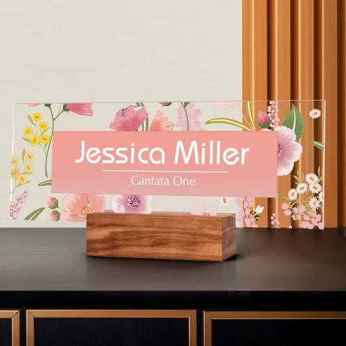 Vista 25 de Placa de identificación personalizada para escritorio, decoración de oficina de acrílico transparente con diseño de flores, decoraciones