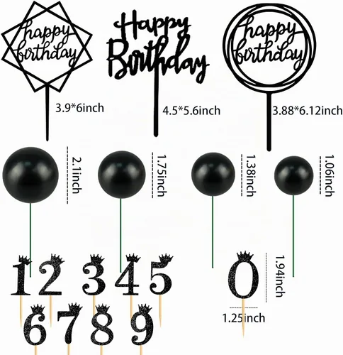 Vista 6 de Juego de 25 adornos de acrílico para pastel de cumpleaños, números 0-9, decoración de pastel en forma de bola (negro)