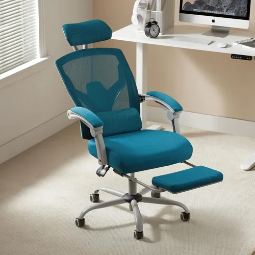 Vista 5 de Silla de oficina ergonómica de malla con almohada de apoyo lumbar y reposapiés retráctil, diseño de respaldo alto transpirable, silla reclinable Azul