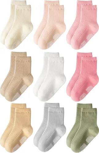 Vista 12 de HONGTEYA 9 pares de calcetines para niños pequeños, calcetines antideslizantes de algodón para bebés con agarres de 0 a 5 años