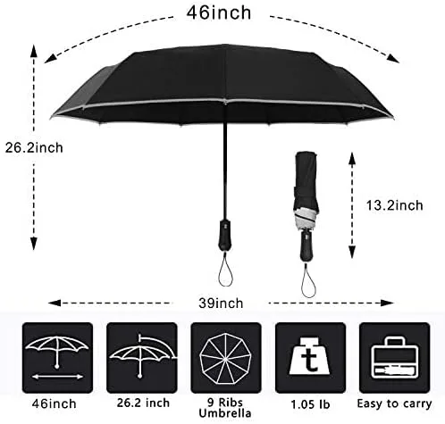 Vista 3 de LEAGERA Windproof Compact Umbrellas for Rain with LED Light Flashlight Umbrella, Oversized Travel Folding Umbrella Reflective Stripes Automatic