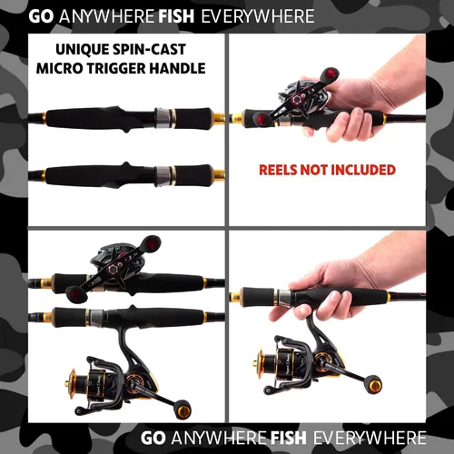 Vista 3 de Rigged and Ready Predator Series Spin & Baitcast Travel Fishing Rods. Unique Spin Cast Micro Trigger. Compact Hi-Carbon Rods. 4 Rod Sections, 2