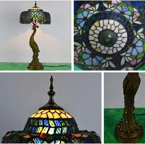 Vista 4 de Lámpara de mesa Tiffany de pavo real, lámpara de escritorio con base de resina retro, pantalla de pavo real para sala de estar, dormitorio