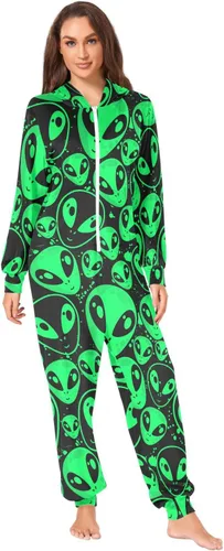 Vista 2 de Fisyme Pijama de una sola pieza para adultos de alienígena verde para mujeres y hombres, traje de dormir de una pieza de manga larga