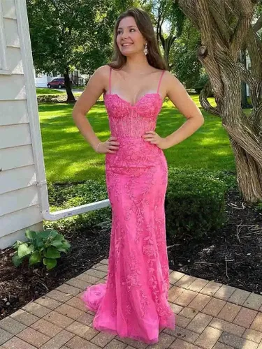 Vista 5 de TIRAS Vestidos de fiesta de sirena con tirantes delgados y apliques de encaje para mujer, vestido largo de tul 2023, vestido formal de noche CM177