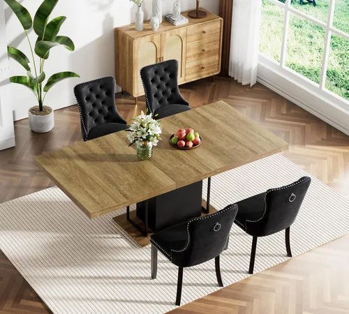 Vista 2 de Juego de mesa de comedor de 5 piezas con 4 sillas tapizadas, juego de mesa rectangular extensible para 4, juego de comedor retro para cocina y Mesa