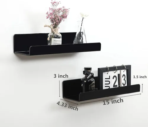 Vista 2 de IEEK Estante flotante de pared de acrílico negro de 15 pulgadas, estante de pared para guardería, para niños, 0.197 in de grosor, estantes