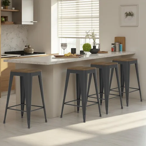 Vista 9 de Juego de 4 taburetes de bar sin respaldo de 24 pulgadas, taburetes de bar de metal para interiores con asiento de madera, taburetes de bar Negro
