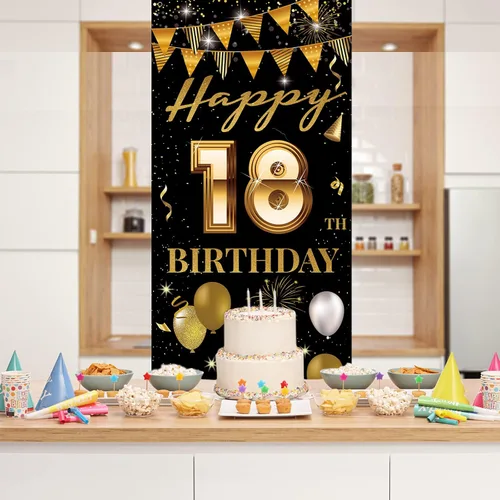 Vista 3 de Cartel de puerta de fiesta de cumpleaños número 18, decoración de feliz cumpleaños 18 para niñas y niños, telón de fondo negro dorado para fotos