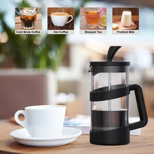 Vista 5 de RAINBEAN Mini cafetera de prensa francesa, 12 onzas, olla de prensa de café para campamento, prensa francesa pequeña, prensa de té y leche espumada