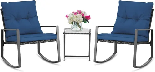 Vista 8 de SUNCROWN Juego de muebles de patio para exteriores, 3 piezas, mecedora de mimbre para todo tipo de clima, juegos de conversación con mesa de centro