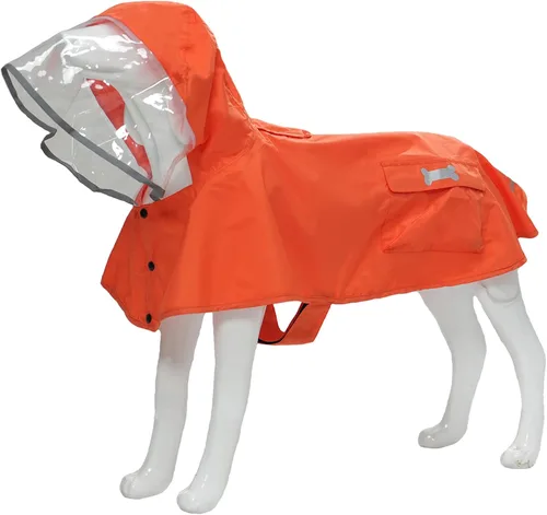 Vista 12 de Impermeable para perro con poncho con capucha, chaqueta de lluvia amarilla ajustable de alto reflejo, con agujero para correa para perros pequeños