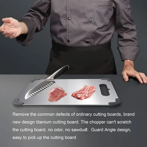 Vista 2 de Tabla de cortar de titanio, tabla de cortar de titanio 100% puro para cocina, última versión gruesa de 0.06 pulgadas, ángulo de protección