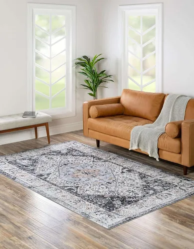 Vista 4 de Unique Loom Yara Collection - Alfombra de área Yash (2' x 3' Rectángulo, Lino Carbón/Beige)
