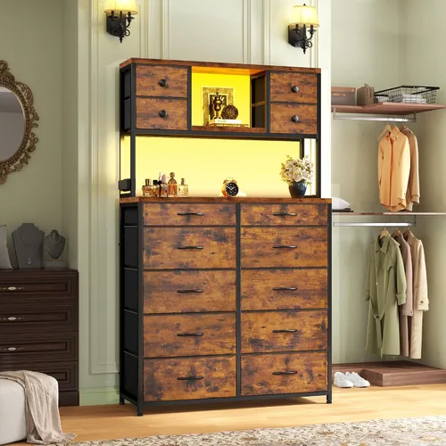 Vista 9 de Romorgniz Cómoda de 62 pulgadas de alto para dormitorio con luces LED y estación de carga, marrón Stable Steel Frame, Wood Top, Fabric Storage