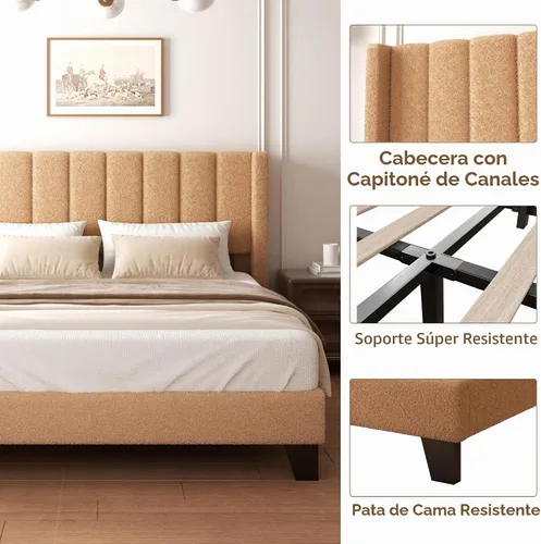 Vista 6 de Base de cama tamaño matrimonial con cabecero, marco de cama plataforma tapizado con cabecero de terciopelo tipo osito de peluche, soporte