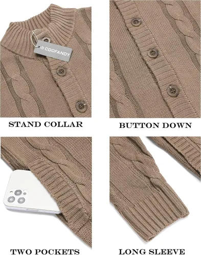 Vista 5 de COOFANDY Men's Cardigan Sweater Slim Fit Stand Collar Cardigan Casual Cable Knitted Button Down Sweater with Pockets