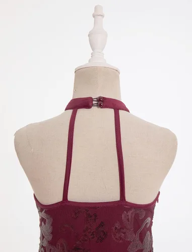 Vista 7 de IBAKOM Body de lentejuelas brillantes con flecos y cuello halter en V, leotardo de gimnasia para niños, espalda abierta, jazz latino, hip hop