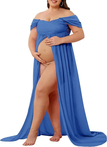 Vista 4 de Vestido de maternidad para sesión de fotos con hombros descubiertos, vestido de gasa con abertura frontal, maxi vestidos de embarazo para fotografía