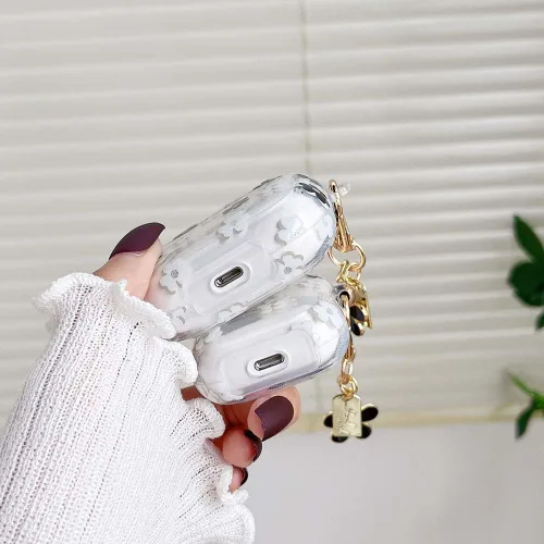 Vista 4 de Funda protectora para AirPods Pro de 1ª generación con llavero, bonita funda protectora para auriculares con flores negras y flores, TPU suave