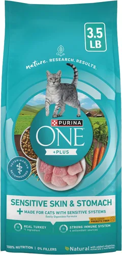 Vista 15 de Purina ONE Estómago sensible, piel sensible, alimento seco natural para gatos, fórmula +Plus para piel y estómago sensible, bolsa de 7 libras
