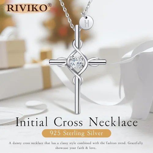 Vista 2 de RIVIKO Collar con dije de cruz con inicial para mujeres y niñas, plata de ley 925, delicados collares de letras, nombre del alfabeto, joyería