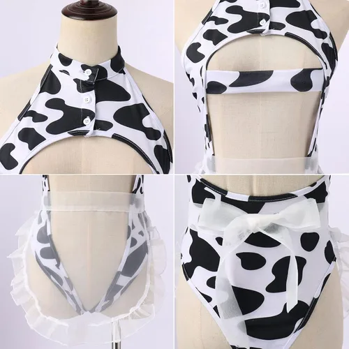 Vista 5 de IBTOM CASTLE Disfraz de vaca sexy dálmata de leopardo de leche peluda, traje kawaii, conjunto de lencería para mujer