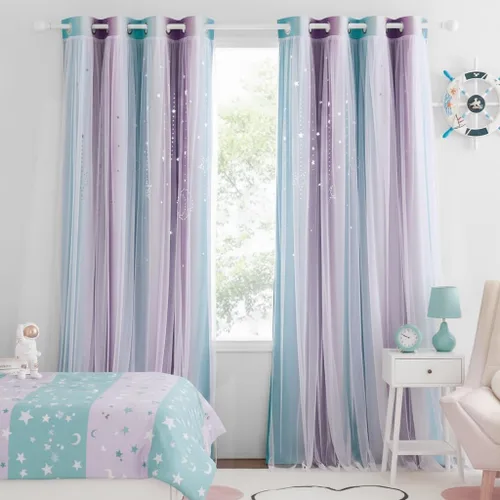 Vista 60 de NICETOWN Cortinas para Dormitorio de Niñas Infantiles con Estrellas Caladas Ventana 2 Capas Cortina 63 Pulgadas de Longitud Oscurecimiento