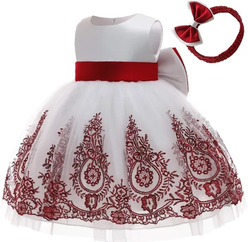 Vista 4 de 3M-6T Vestidos de Encaje con Lazo para Niñas Pequeñas Vestido de Gala Bordado para Bebé con Diadema