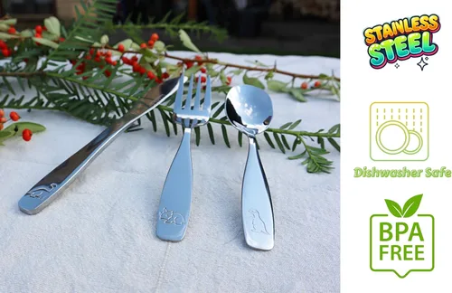 Vista 7 de Exzact Cubiertos para niños, 18 piezas, utensilios para niños pequeños, 6 tenedores, 6 cuchillos, 6 cucharas, aptos para lavavajillas, 2 años