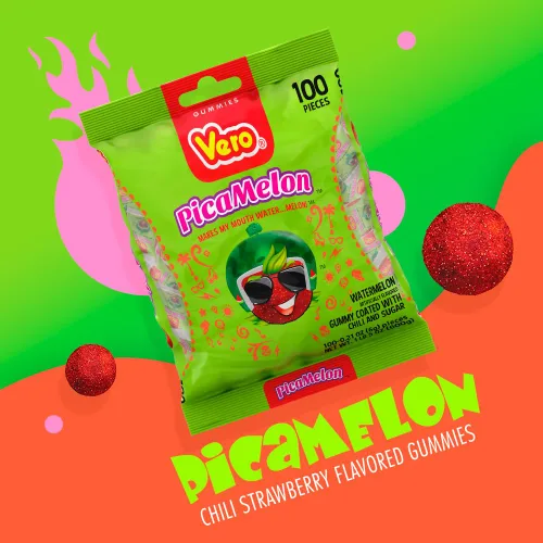 Vista 2 de Dulces Vero Pica Sandia Chili Sandia Gomitas mexicanas sabor sandía, 100 piezas, 1 libra 5.15 onzas