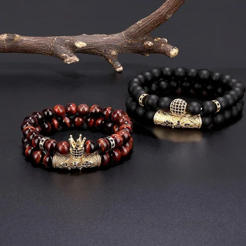 Vista 2 de Juego de 4 pulseras de 0.315 in con corona King para hombres y mujeres, ojo de tigre, negro mate, ónix mate, cuentas de piedra natural