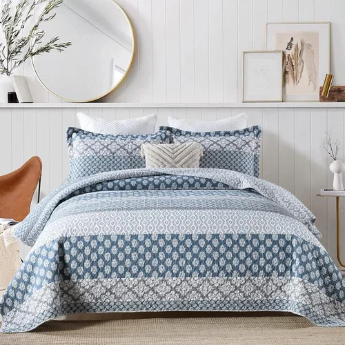 Vista 9 de SahSahCasa Juego de edredón, tamaño Queen, juego de ropa de cama 100% algodón, colcha reversible ligera con diseño floral de patchwork para cama