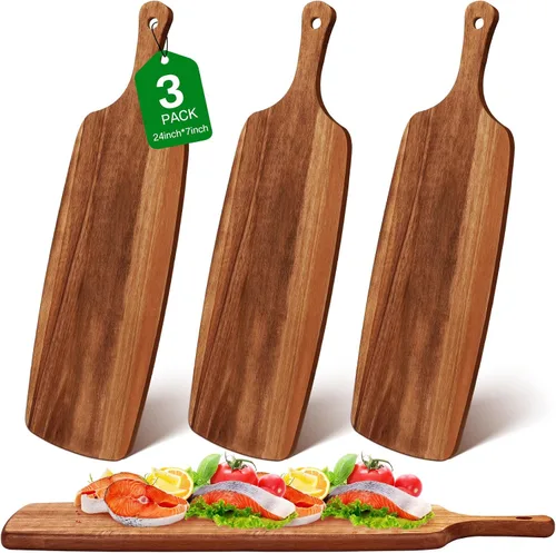 Vista 8 de Kathfly 3 tablas de cortar de madera de acacia con mango láser de madera para servir charcutería para verduras, carne, pizza, queso, pan de frutas