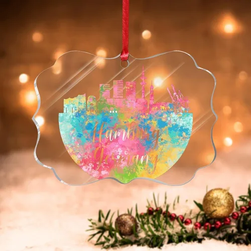 Vista 17 de Alemania Frankfurt Skyline Adorno de Navidad 2022 Alemania Frankfurt, arte de acuarela, adornos de Navidad para niños, colorido paisaje de ciudad