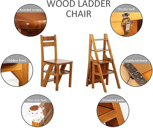 Vista 6 de Silla de escalera plegable de madera, taburete y silla 2 en 1, estilo rústico, perfecta para comedor, uso en interiores y exteriores, capacidad