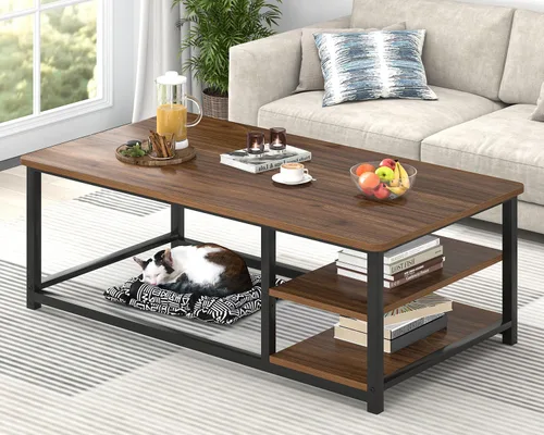 Vista 14 de EXCEFUR Mesa de centro negra, mesa de sala de estar de madera rústica con estante de almacenamiento, mesa central rectangular moderna, 47 pulgadas