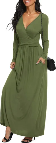 Vista 3 de LILBETTER - Maxi vestido informal, de manga larga, cuello en V, holgado, liso y largo para mujer