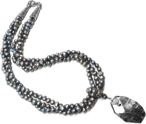 Vista 6 de Collar de triple hebra con perlas cultivadas de cuarzo rutilado grueso facetado