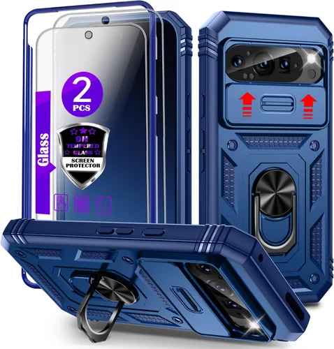 Vista 25 de Funda para Pixel 9 Pro XL con cubierta deslizante para cámara, 2 protectores de pantalla de vidrio templado, soporte de anillo giratorio de 360°