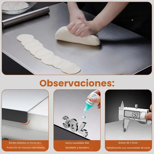 Vista 4 de Tablas de cortar de acero inoxidable para cocina, tablas de cortar de acero inoxidable 304 con borde y almohadilla antideslizante de silicona