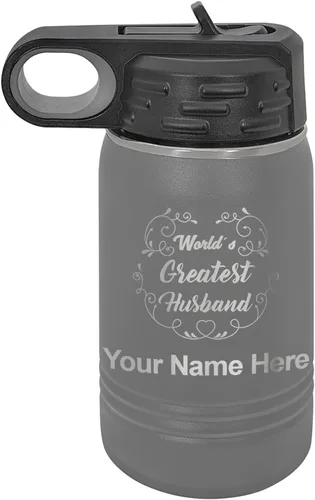 Vista 61 de LaserGram Botella de agua con tapa abatible de doble pared de 12 onzas con pajilla, grabado personalizado incluido (negro)