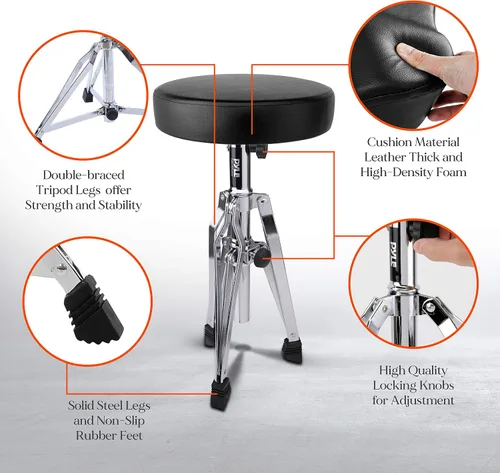 Vista 6 de Pyle Taburete de tambor ajustable, portátil con patas de trípode de doble apoyo, asiento acolchado de espuma, perfecto para uso en el escenario