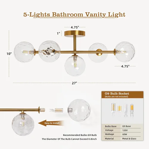 Vista 2 de Luminarias de Espejo de Tocador de Baño: Aplique de Pared de Baño Regulable de 5 Luces - Luces de Tocador de Latón Dorado con Pantalla de Vidrio