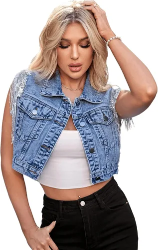 Vista 5 de SweatyRocks Chaqueta vaquera sin mangas con botones y flecos para mujer