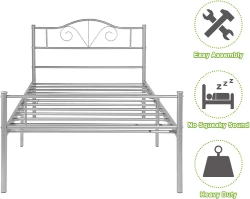 Vista 3 de Cabecero de cama de metal resistente para cama individual, estructura de acero, revestimiento de plata, estilo retro, sin necesidad