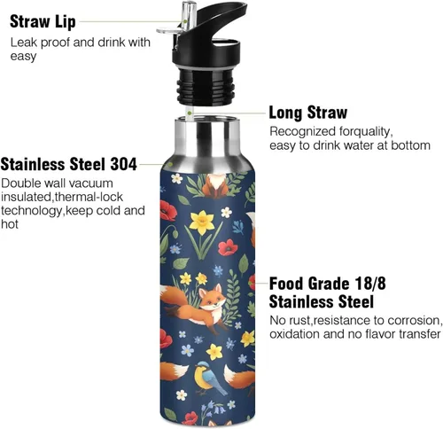 Vista 3 de Insulated Water Bottle 32 Oz, Leakproof Water Bottles for Gym Outdoor Travel School, Cute Foxes Colorful Flowers