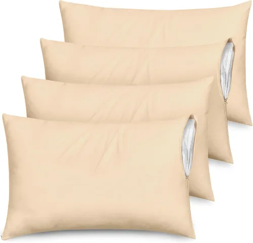 Vista 9 de Juego de 4 fundas de almohada ultrasuaves con cremallera tamaño Queen, 100% protección contra manchas, polvo y suciedad, lavables a máquina (beige)