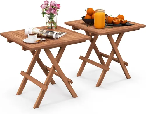Vista 10 de RELAX4LIFE Mesa auxiliar plegable para exteriores – Mesa auxiliar de madera de teca, mesa redonda de café bistró con mesa de listones, mesa