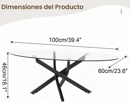 Vista 2 de Henf Oval Glass Coffee Table, 39.4'' Transparent Top, Black Metal Legs